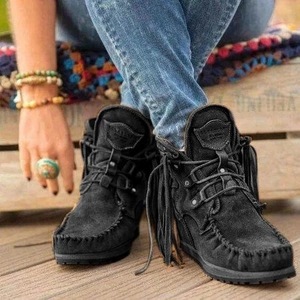 Botines de Mujer con Flecos, Cordones, Tacón Plano, Punta Redonda, Cuero PU, Estilo Desierto, Retro, para Invierno - Product Image 5