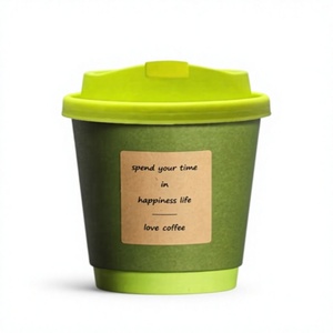 Tasse à café réutilisable verte avec couvercle, design en papier kraft – Passez votre temps dans le bonheur, la vie, l'amour, le café – 330 ml, simple paroi, pour boissons chaudes - Product Image 1