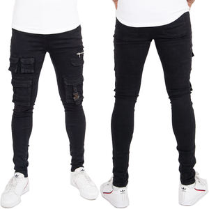 جديد وصول العلامة التجارية أسود البريدي مشبك جيوب نحيل التكتيكية البضائع الجينز الذكور الشارع ارتداء متعددة جيب البضائع سراويل جينز - Product Image 1