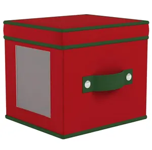 Modern Square Foldable Storage Chest Holiday China Christmas Dinner Plates Red Fabric Green Trim Sturdy Lid Storage Boxes Bins