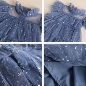 Robe mi-longue scintillante pour enfants, robe de mode pour filles avec motif étoile en maille, manches courtes, design gâteau avec tulle bouffant, offre ODM - Product Image 4