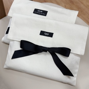 Custom Logo Woven-label <b>White</b> Cotton <b>Envelope</b> Pouch Travel Cosmetic Make up Flap Cover Pouch Gift Bags with Bow - Product Image 2