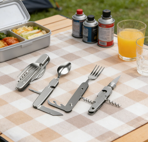 Ensemble de couverts multifonctionnels pliables en acier inoxydable 6-en-1 pour survie, camping et voyage en extérieur - Product Image 2