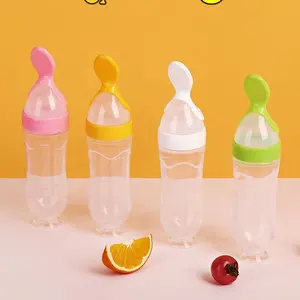 90mL al por mayor BPA libre de silicona suave cuchara de bebé Squeeze alimentador botella comida fruta chupete alimentador de cuchara de silicona alimentador