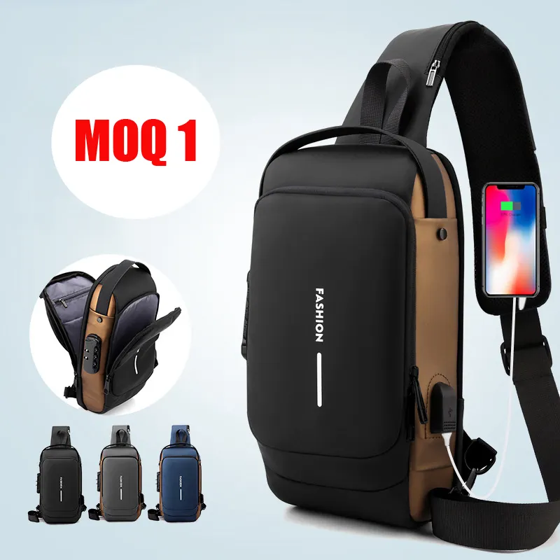 Atacado Crossbody Sacos para Viagem Anti roubo Sling Ombro Sacos Moda Peito Pack com Porta USB Impermeável Men Messenger Bag