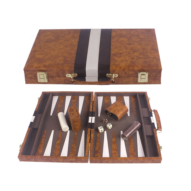 Classic wooden Backgammon Set Brown White Faux Leather Portable Travel Folding backgammon Case