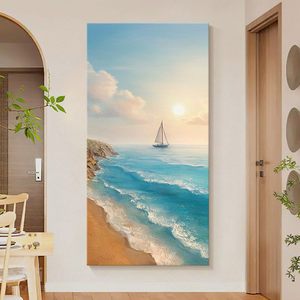 Hand Painted Oil Painting Seascape Mural 3D Effect Sunrise Beach Scene Wall <b>Art</b> For Hallway Entryway Decor Unframed - Product Image 1