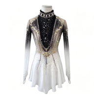 Costume de patinage artistique à dégradé noir et blanc avec strass, col haut, manches longues, pour enfants et adultes, compétition, performance