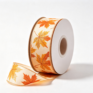 Ruban filé Grace 2 1/2 pouces, imprimé pailleté, résistant au rétrécissement, longueur personnalisée, motif feuilles de récolte et citrouille, en rouleau pour la décoration intérieure - Product Image 1