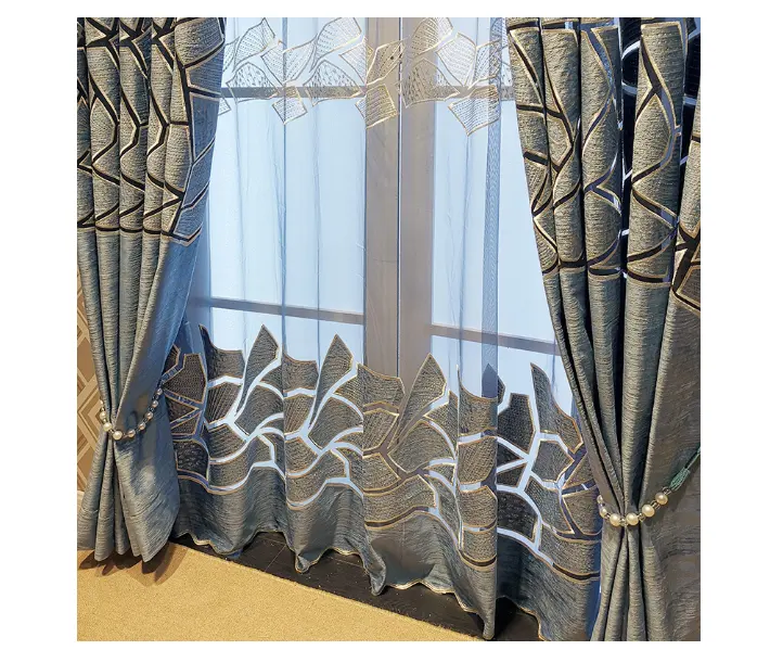 European Style Luxury Blue Golden Hollow out Embroidery Shading window curtains