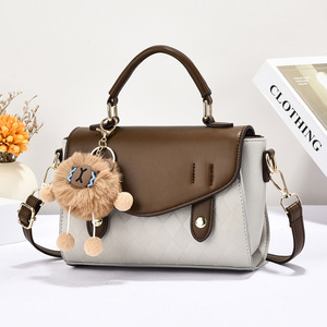 Bolso de Mano Tipo Satchel para Mujer, con Bloques de Color, Adorno de Pompón, Correa Extraíble, Cierre de Solapa Clásico, para Uso Diario - Product Image 6