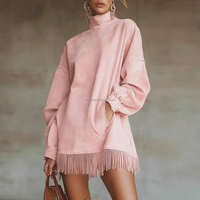 Robe Courte Décontractée en Daim pour Femme, Col Roulé Vintage, Manches Longues, Franges et Pompons, Coupe Ample, Style Mini, Personnalisable OEM