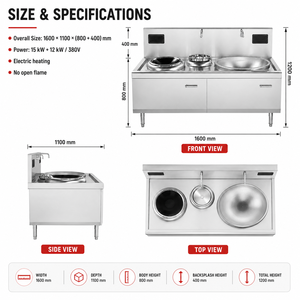 Commercial <b>Electric</b> Large & Small Stir-Fry Combination Range Stainless Steel Dual Wok Stove with Water Basin for Restaurant Kitc - Product Image 3