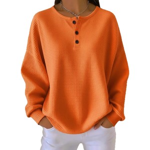 Pull en tricot gaufré coupe ample couleur unie col rond manches longues pour femme Orange S M L XL 2XL 3XL 4XL 5XL - Product Image 5