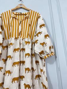 Robe midi en coton à imprimé tigre pour femme, avec empiècement rayé, style décontracté ethnique bohème, idéale pour l'été, destinée aux acheteurs de boutiques d'exportation - Product Image 3