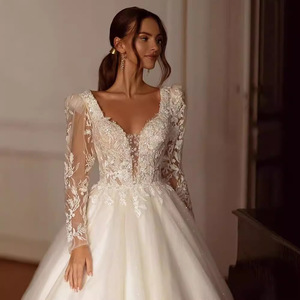 V-Neck <b>Lace</b> Ball Gown Wedding Dress Natural Waist Vintage Style Pure <b>White</b> Ivory Polyester Fabric - Product Image 3