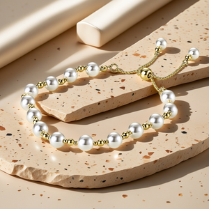 Pulseras <span class=keywords><strong>de</strong></span> Perlas Chapadas en <span class=keywords><strong>Oro</strong></span> <span class=keywords><strong>de</strong></span> <span class=keywords><strong>18k</strong></span> al por Mayor, con Cuentas Blancas <span class=keywords><strong>de</strong></span> Aleación y Espaciadores Dorados, Cadena Ajustable para Mujeres y Niñas - Product Image 5