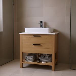 Meuble-lavabo de salle de bain 30 pouces, finition imitation chêne, contreplaqué, 2 tiroirs, sur pied, rectangulaire, design moderne et minimaliste - Product Image 2