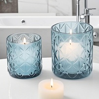 LANGXU Crystal Opaque Blue geprägtes Gefäß Champagner Deluxe Hurricane Container Ins verzinnt 13,5 Unzen Ripple Glass Candle Jar