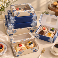 Boîte cadeau pour gâteau à la crème avec logo personnalisé OEM, 4 compartiments, fenêtre transparente, motif géométrique bleu marine, matériaux PET recyclés, carrée, épaisseur 2 mm