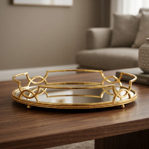 <b>Round</b> Modern Brass for Glam Style Metal Frame Decorative Tray with <b>Battery</b> Operated Mirror Surface - Product Image 1