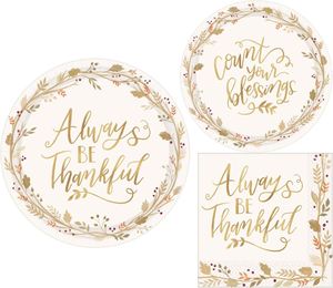 Large Oval Modern Style Thanksgiving Paper Plates Hot Selling Pink Gold Foil Friendsgiving <b>Table</b> Setting 'Always Be Thankful - Product Image 4