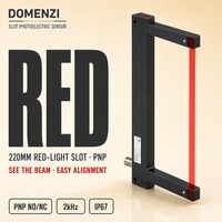 DOMENZI GL220R-P-V3 Capteur de fente à point rouge visible 2,5 mm PNP, ouverture la plus large de 220 mm pour entrées PLC, utilisation facile et alignement simple