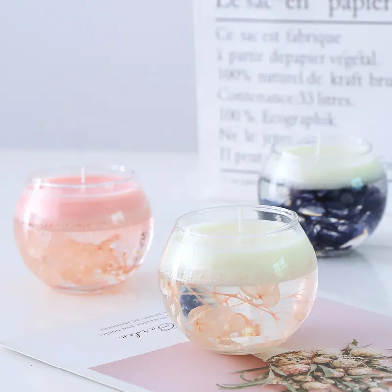 Wholesale jelly gel wax with dried flower decoration candle Romantic Round Glass Scented Candle