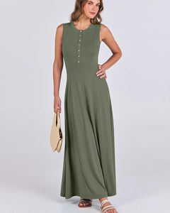 Robe longue sans manches pour femme 2025 Couleur unie Col boutonné Décontractée Ample avec poches Été Plage Fête Port quotidien - Product Image 1