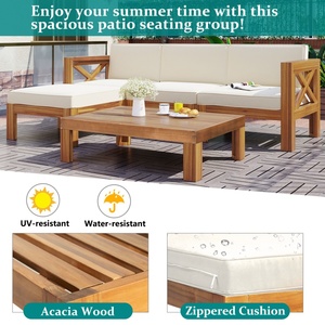 Ensemble de canapés modulaires 5 pièces en bois pour l'extérieur, design simple, confortable, avec coussins beiges, finition naturelle, pour jardins - Product Image 3