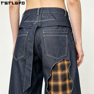 Pantalon en jean brut personnalisé, taille ajustable avec boucle métallique, coupe déstructurée, jambe large, selvedge, style streetwear, fabricants en gros - Product Image 3