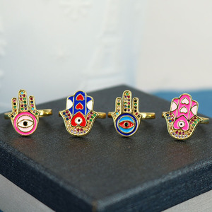 Popular Chic Rainbow Enameled <strong>Evil</strong> <strong>Eyes</strong> Hamsa Hand CZ Micro Pave Finger <strong>Rings</strong> for Women - Product Image 1