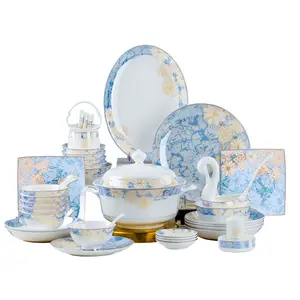 Medieval royal style OEM Square platos porcelana keramik geschirr gold rim Decal Bone China Dinner Set