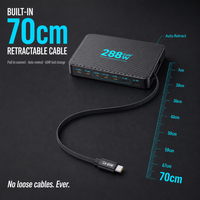 Chargeur de bureau GaN 288W 8-en-1 USB-C PD3.0 Station de charge rapide Sortie 100W Câble rétractable 70cm pour la maison et le bureau