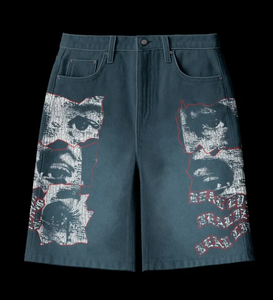 Conjunto de <span class=keywords><strong>Camiseta</strong></span> y Pantalones Cortos de Dos Piezas con Estampado Gráfico Completo en DTG, Estilo Desgastado por el Sol, Lavado Ácido, <span class=keywords><strong>Hombros</strong></span> Caídos, 230 Gsm, Color Negro - Product Image 3