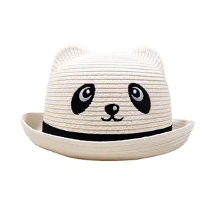 可爱卡通熊猫设计儿童防紫外线遮阳帽草帽婴儿帽浅软呢帽