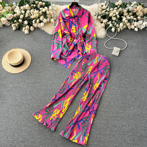 Conjunto Casual de Moda Floral para Mujer, Camisa Holgada de Manga Larga y Pantalones Drapeados de Cintura Alta - Product Image 6