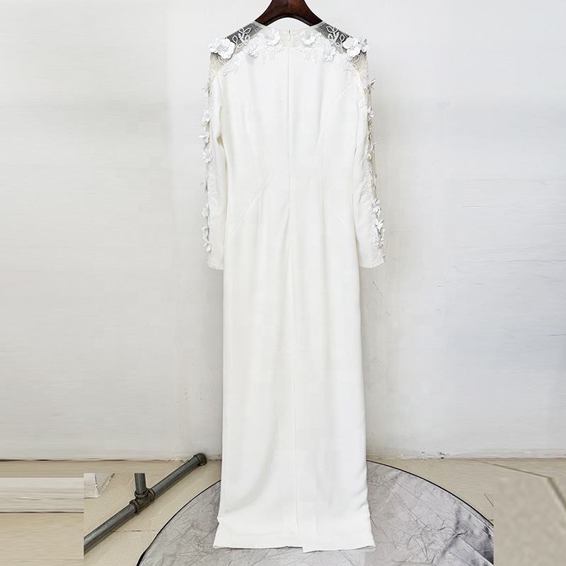 Off White Color Roses OUDINA New Arrivals White Solid Color Flower Mesh Splicing Lace Long ...