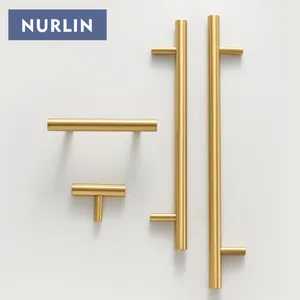 Nurlin Solid Brass Round Rod T-shaped Cabinet Handle Extended Long Wardrobe Drawer Refrigerator door Pull Furniture Handle