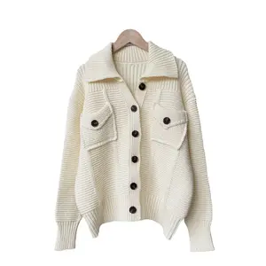 Wholesale 2023 Autumn New Polo Collar Long Sleeve Cardigan High Grade Off White Coarse Knitted Women's Sweater