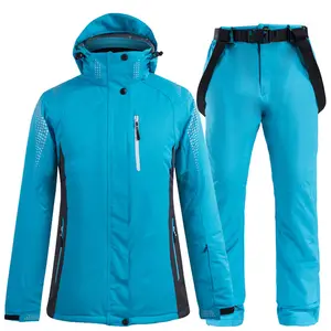 थोक कस्टम महिलाओं स्की सूट के लिए 2 टुकड़ा ठोस रंग निविड़ अंधकार स्की जैकेट और पैंट पुरुषों और महिलाओं