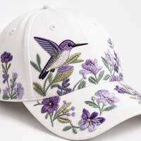 Casquette de baseball blanche en sergé de coton à six panneaux, broderie florale colibri, réglable 56-62cm, logo personnalisé, vente en gros, OEM, faible MOQ
