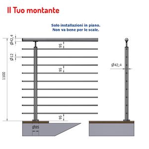 Acero inoxidable vertical redondo con 9 agujeros 42,4mm de diámetro 1,10 m de altura del suelo Acabado satinado AISI 304 - Product Image 1