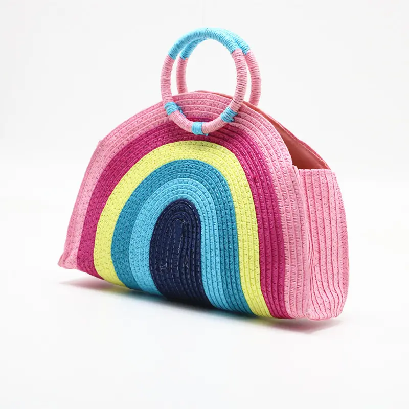 Bolsa de palha de arco-íris para mulheres, sacola de praia de palha natural, tecido à mão, metade redondo