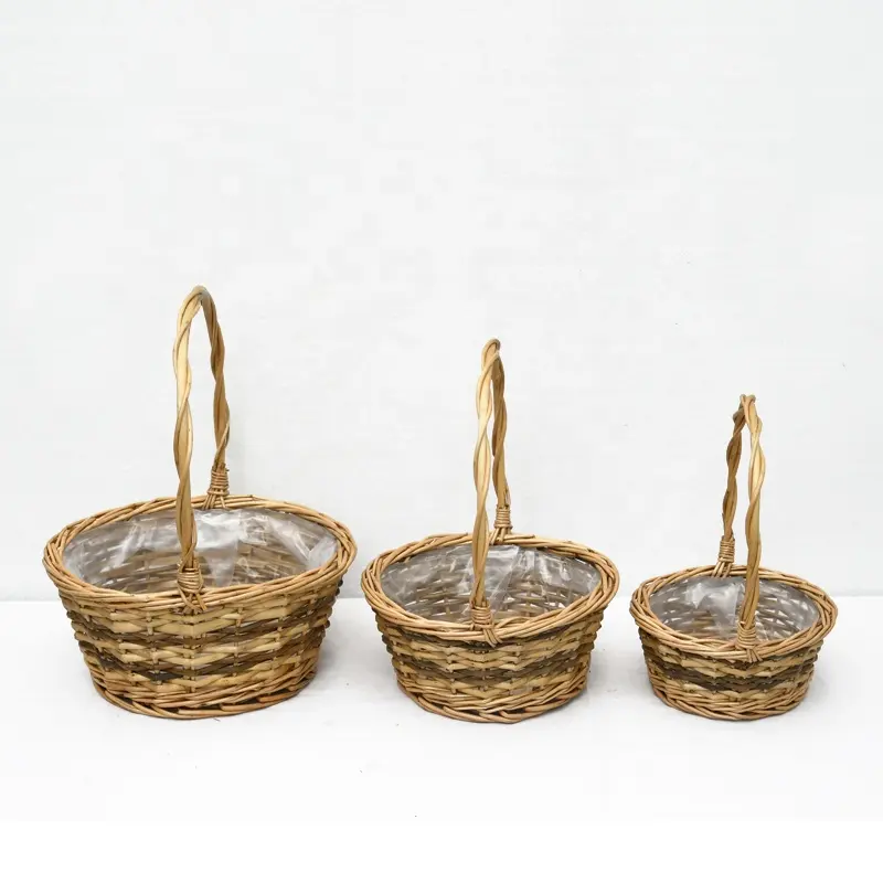 3 Pcs Handmade Rattan Woven Wicker Flower Planter Storage Basket Set Gift Bsket With Plastic Liner For Home Wedding Garden Decor