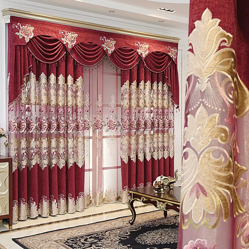 Super September New Product European Red Embroidery Luxurious Curtains Ready Made Curtains With Peony embroidered Drapes