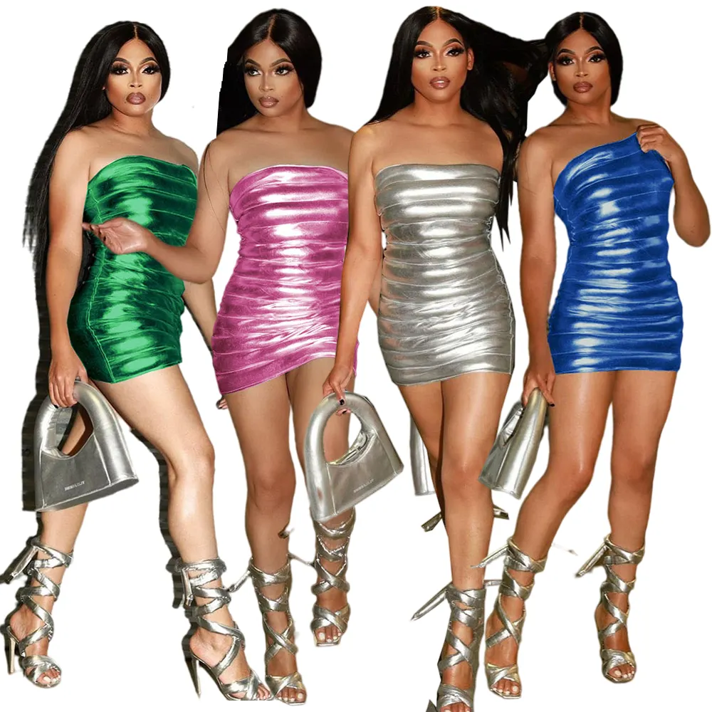 Enyen 2023 New Design Night Club Metallic Silver Shiny Puffer Dress Slim-fit Short Bubble Bodycon Dress Women Mini Club Dresses