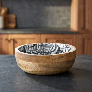 Bol en bois fait main avec motif de feuilles noires et blanches, design minimaliste, pour servir des aliments, offrir en cadeau - Product Image 2