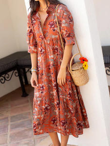 TA 2025 Casual dolce ampio scollo a V barba manica media abito lungo stampato appeso per le donne MN3424 - Product Image 2