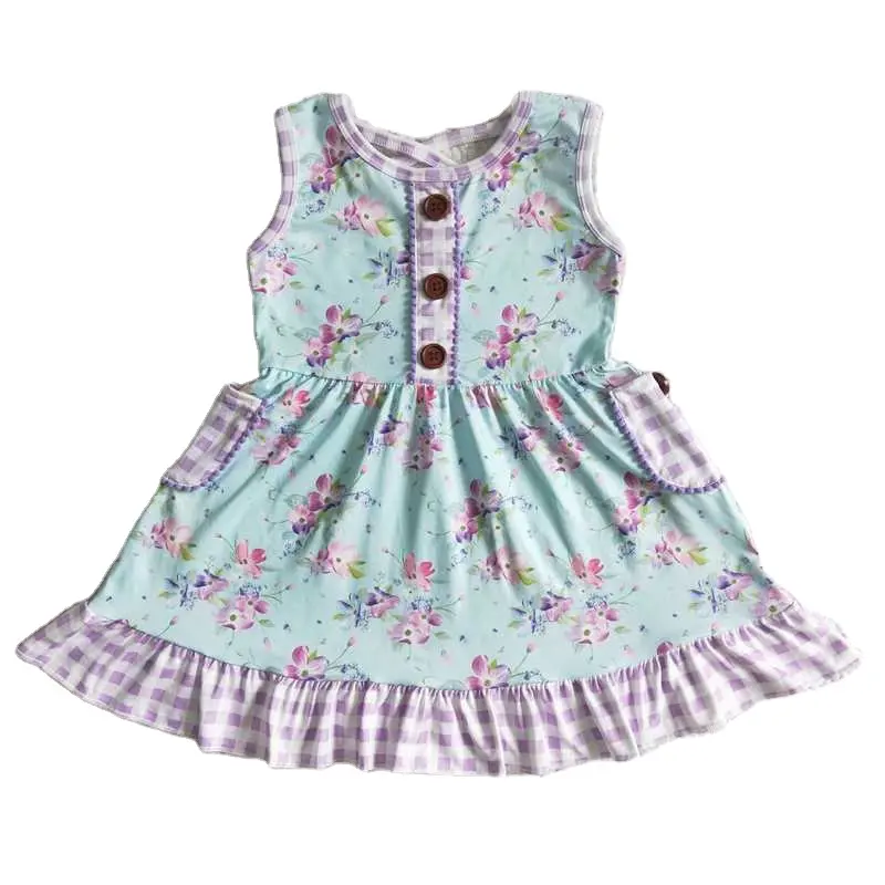Новое поступление, одежда для маленьких девочек, цельнокроеное розовое платье с цветочным принтом, небесно-голубого цвета, летняя юбка без рукавов, Повседневное платье, RTS платье для девочек